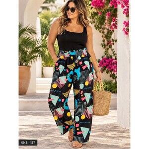 Super Massive Geometric Wide Leg Pants Black & Blue Medium